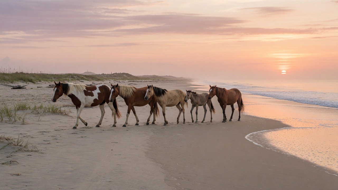 Wild horses on the beach at Corolla Outer Banks North Carolina